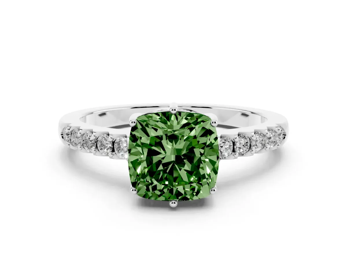 Fancy Green Cushion Cut Diamond Solitaire Engagement Ring Set in Silver with Pavé Band and Prong Setting