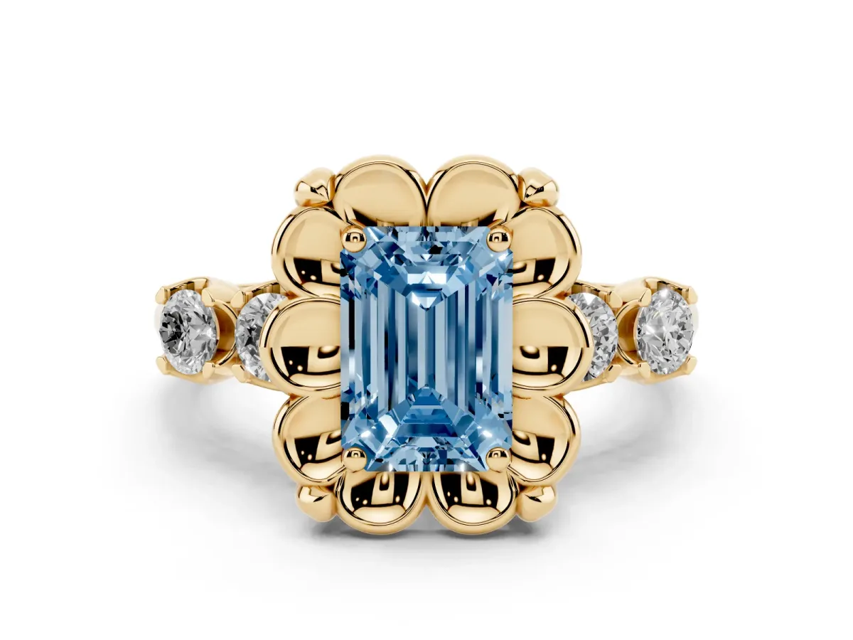 Fancy Blue Emerald Cut Diamond Floral Halo Ring Set in Yellow gold with Shared Prong Band