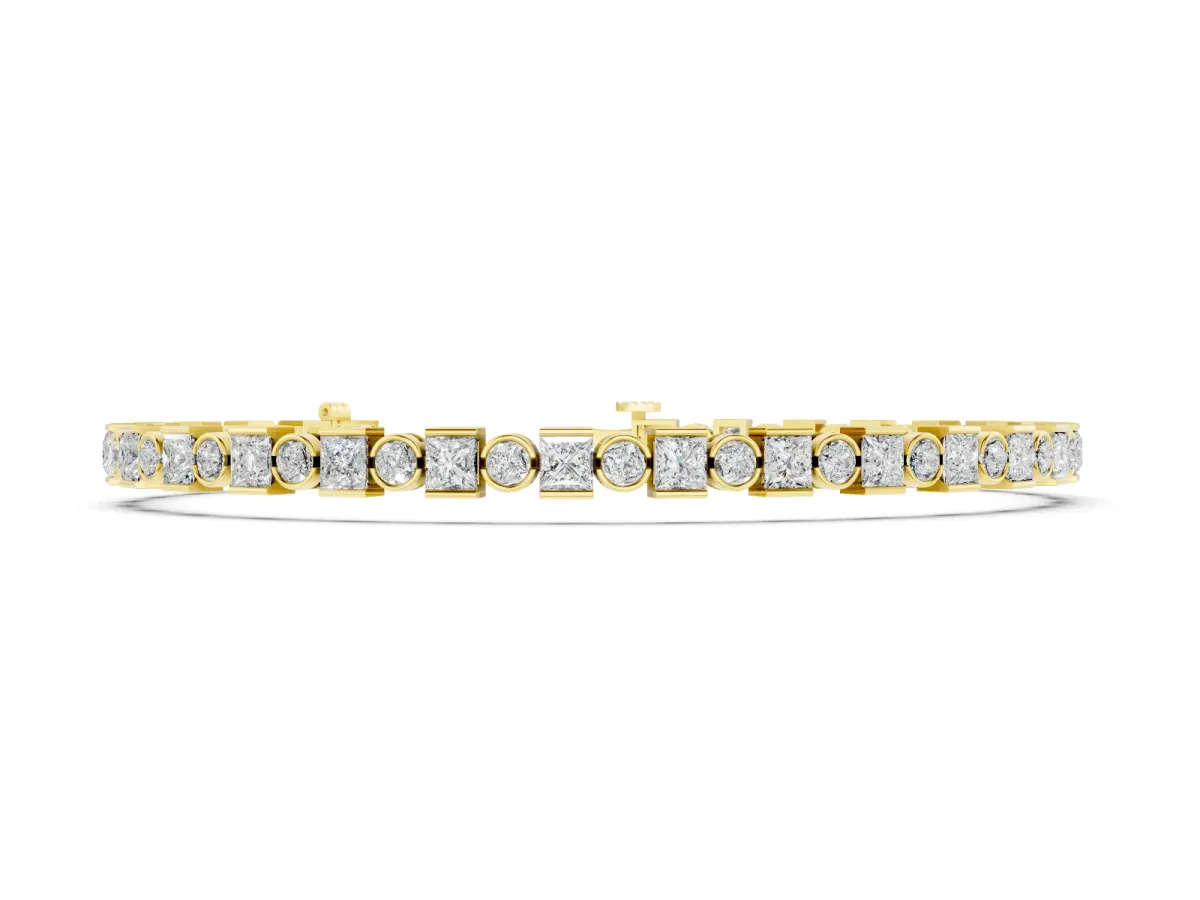 Round and Princess Cut Diamond Tennis Bracelet Set in Yellow gold with Alternating Bezel and Prong Settings