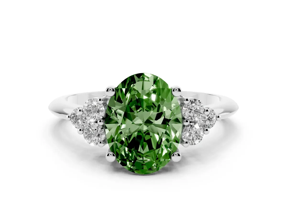 Fancy Green Oval Cut Diamond Cluster Ring Set in Silver with Plain Band and Prong Setting