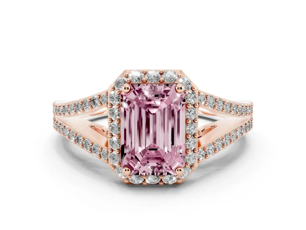 Fancy Pink Emerald Cut Diamond Halo Split Shank Pavé Ring Set in Rose gold with Prong Setting