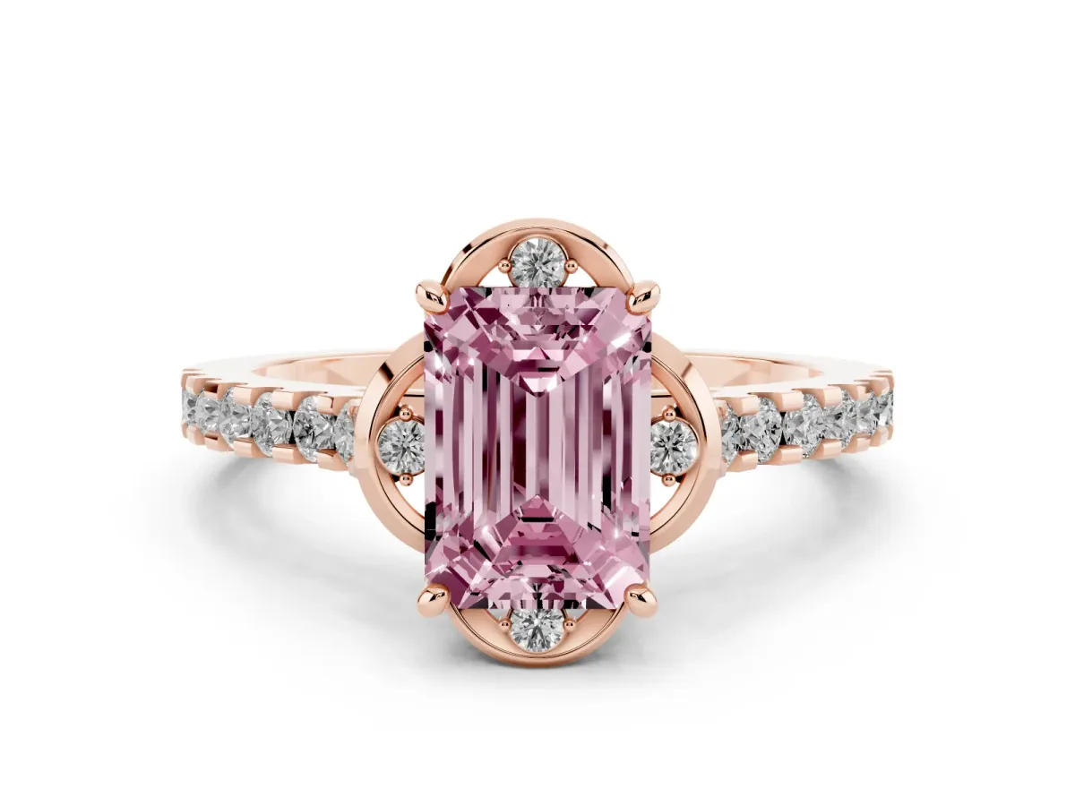 Fancy Pink Emerald Cut Diamond Solitaire Ring Set in Rose gold with Pavé Band and Floral Prong Setting
