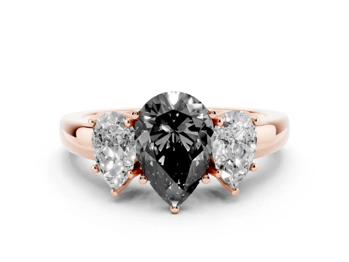 Fancy Black Pear Cut Diamond Three-Stone Ring Set in Rose gold with Bold Center and Classic Band