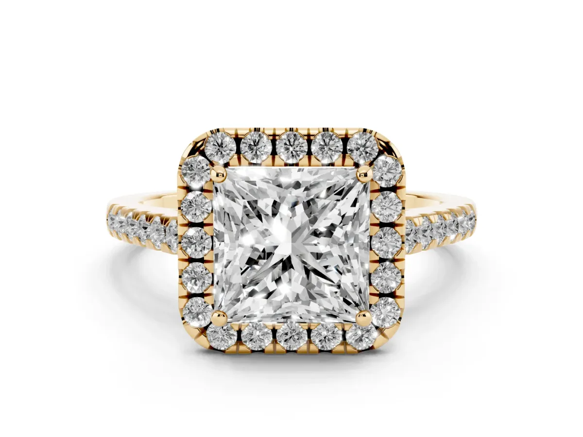 Princess Cut Diamond Halo Pavé Engagement Ring Set in Yellow gold with Prong Setting