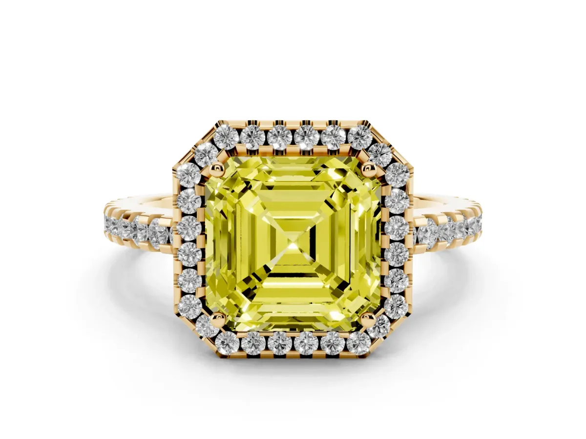 Fancy Yellow Asscher Cut Diamond Halo Ring Set in Yellow gold with Pavé Shoulders and Halo-Framed Center
