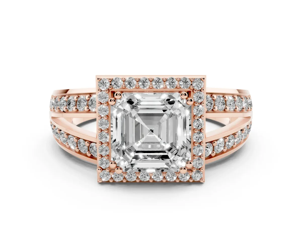Asscher Cut Diamond Halo Ring Set in Rose gold with Double Pavé Split Shank