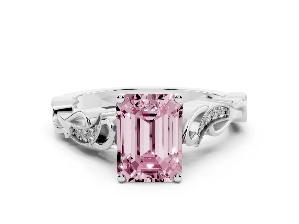 Fancy Pink Emerald Cut Diamond Vine Band Solitaire Ring Set in Silver with Milgrain Prong Setting