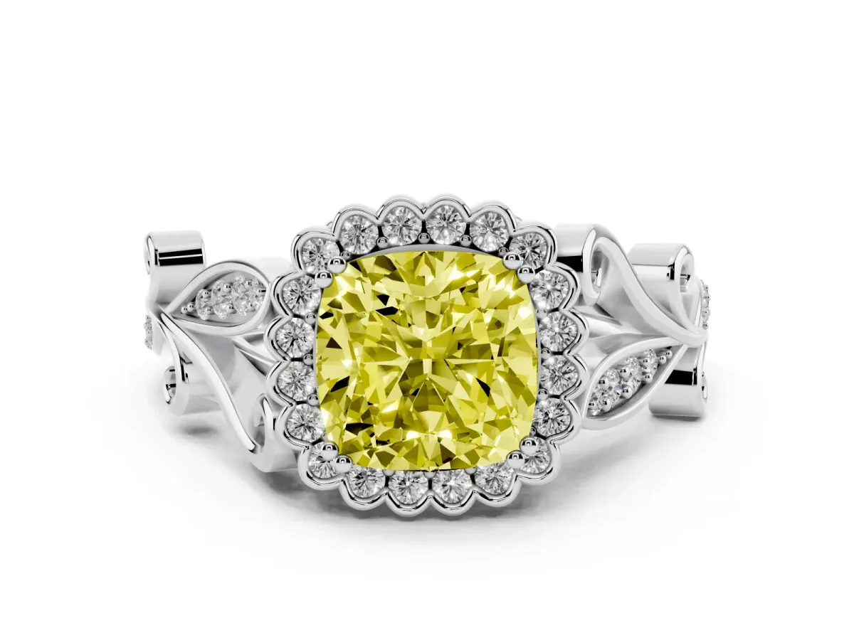 Fancy Yellow Cushion Cut Diamond Halo Ring Set in Platinum with Leaf Motif Split Shank and Prong Setting