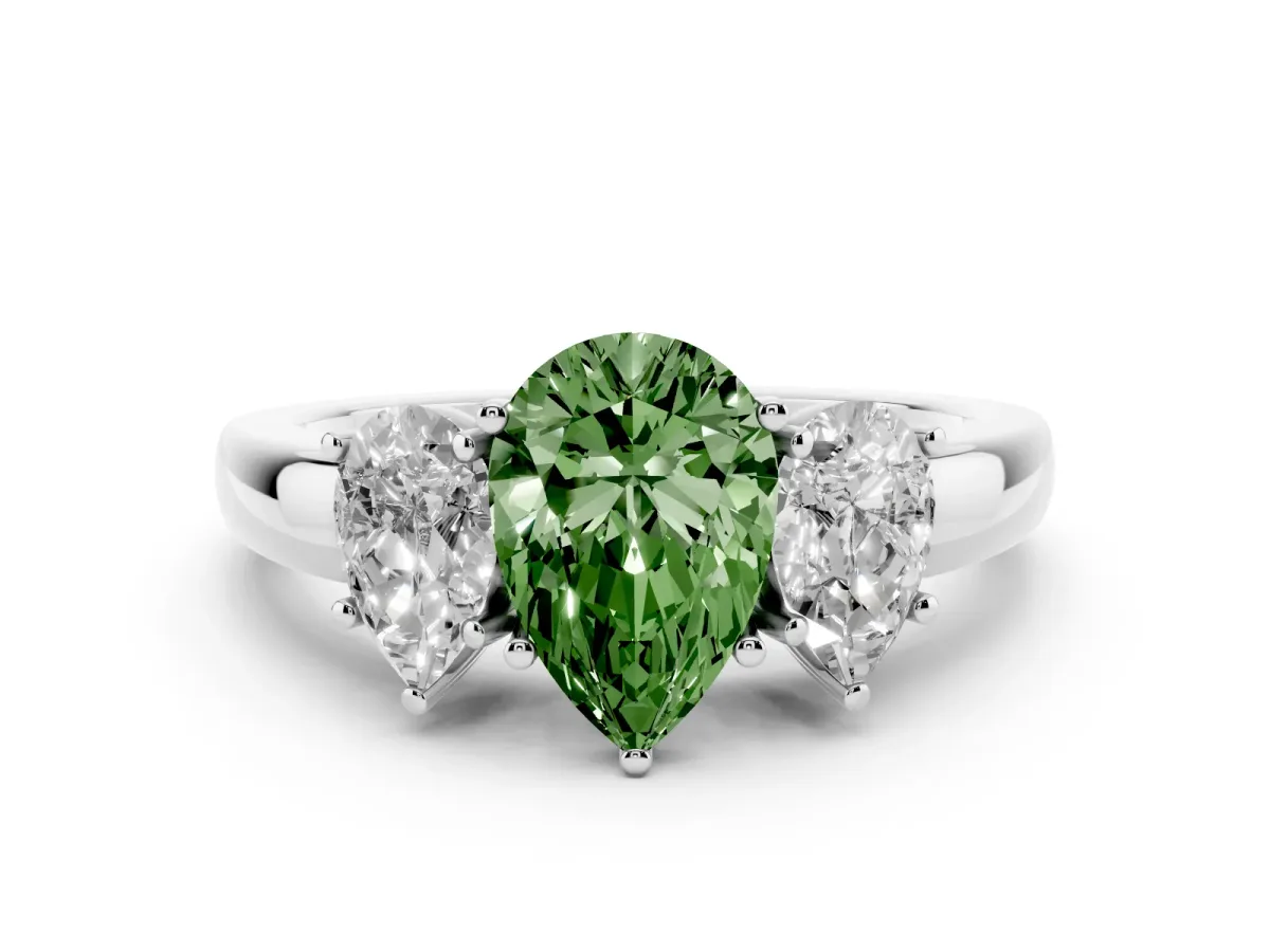 Fancy Green Pear Cut Diamond Three-Stone Ring Set in Platinum with Bold Center and Classic Band