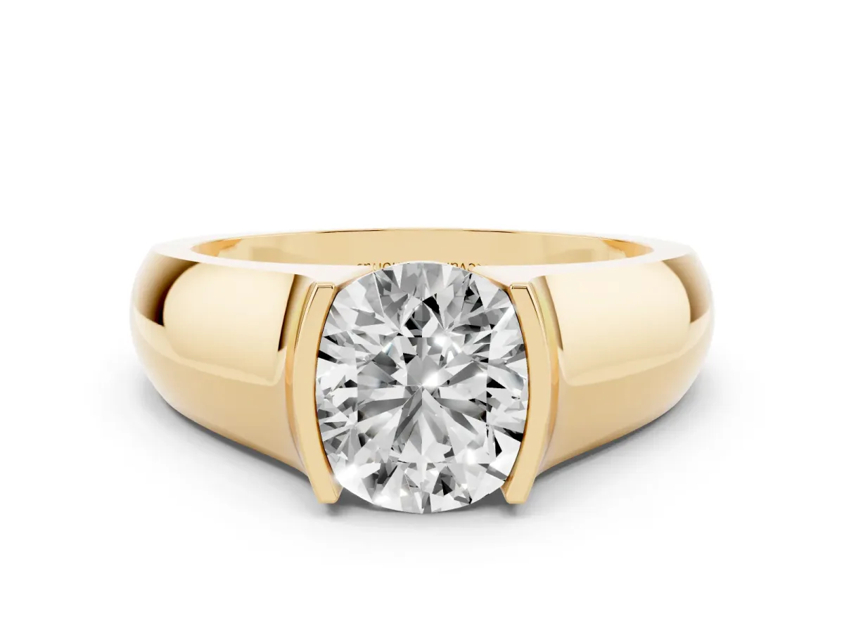 Round Cut Diamond Bezel Solitaire Ring Set in Yellow gold with Wide Band