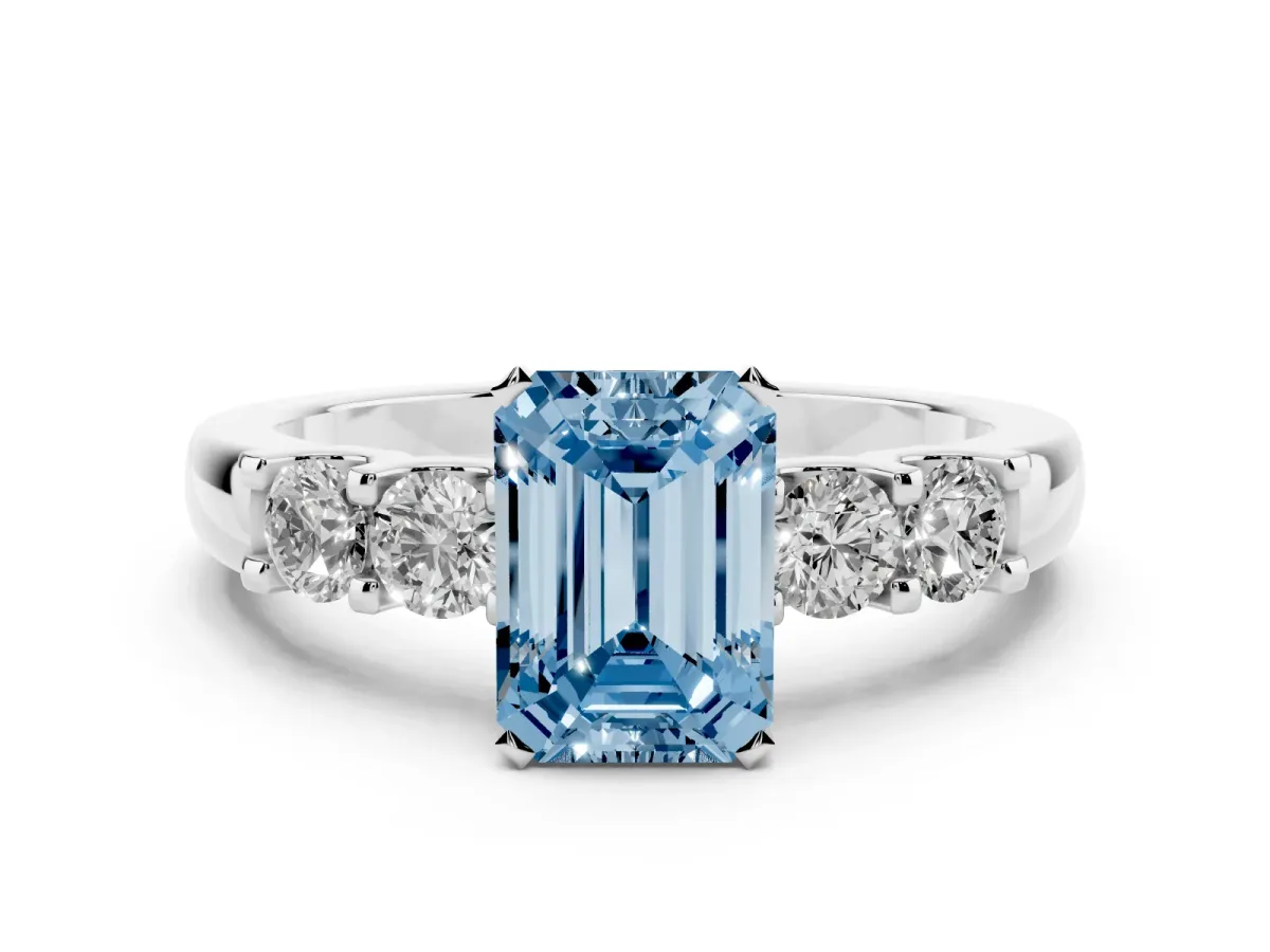 Fancy Blue Emerald Cut Diamond Five-Stone Prong Set Engagement Ring Set in Platinum with Channel Band