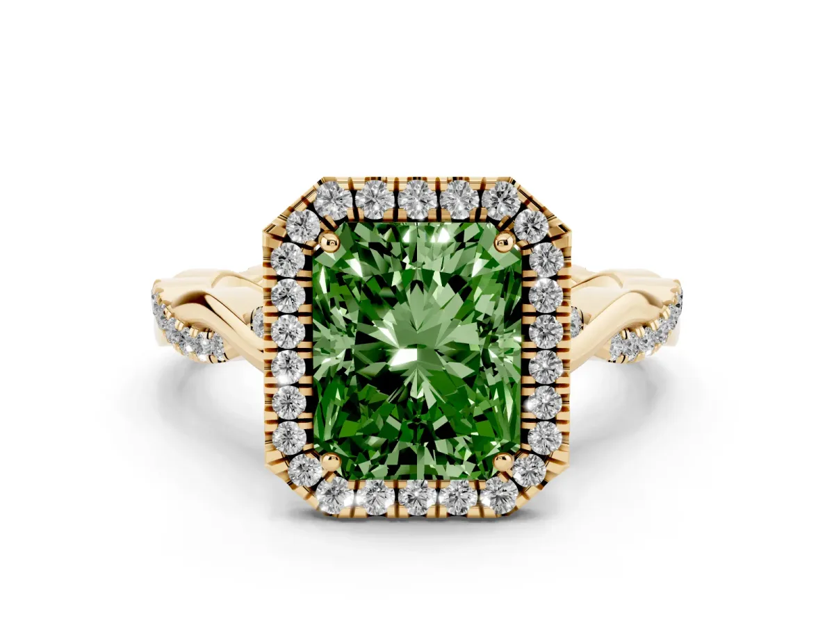 Fancy Green Radiant Cut Diamond Halo Twist Band Solitaire Ring Set in Yellow gold with Prong Setting