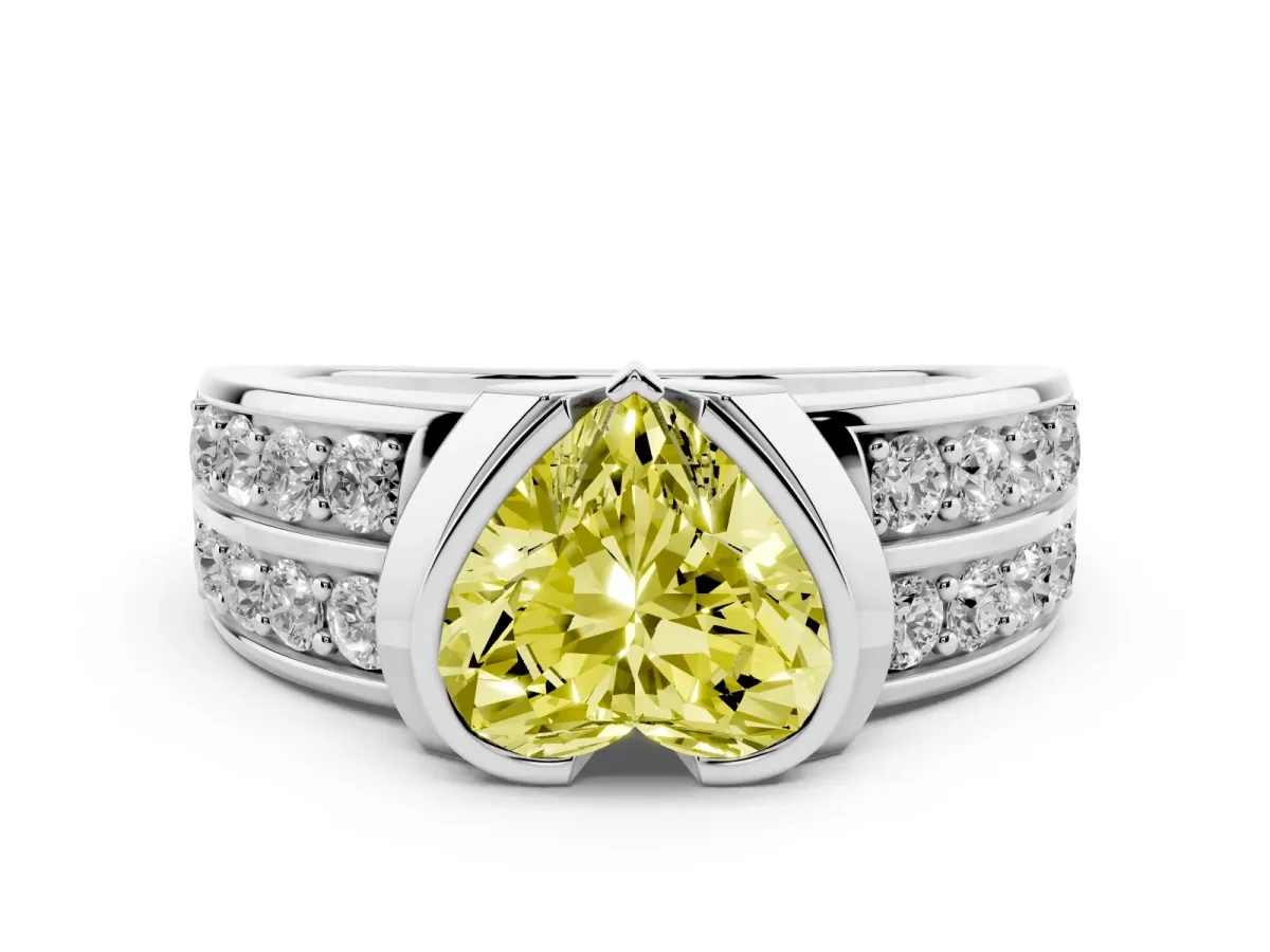 Fancy Yellow Heart Cut Diamond Wide Channel Set Band Ring Set in Silver with Bezel Setting