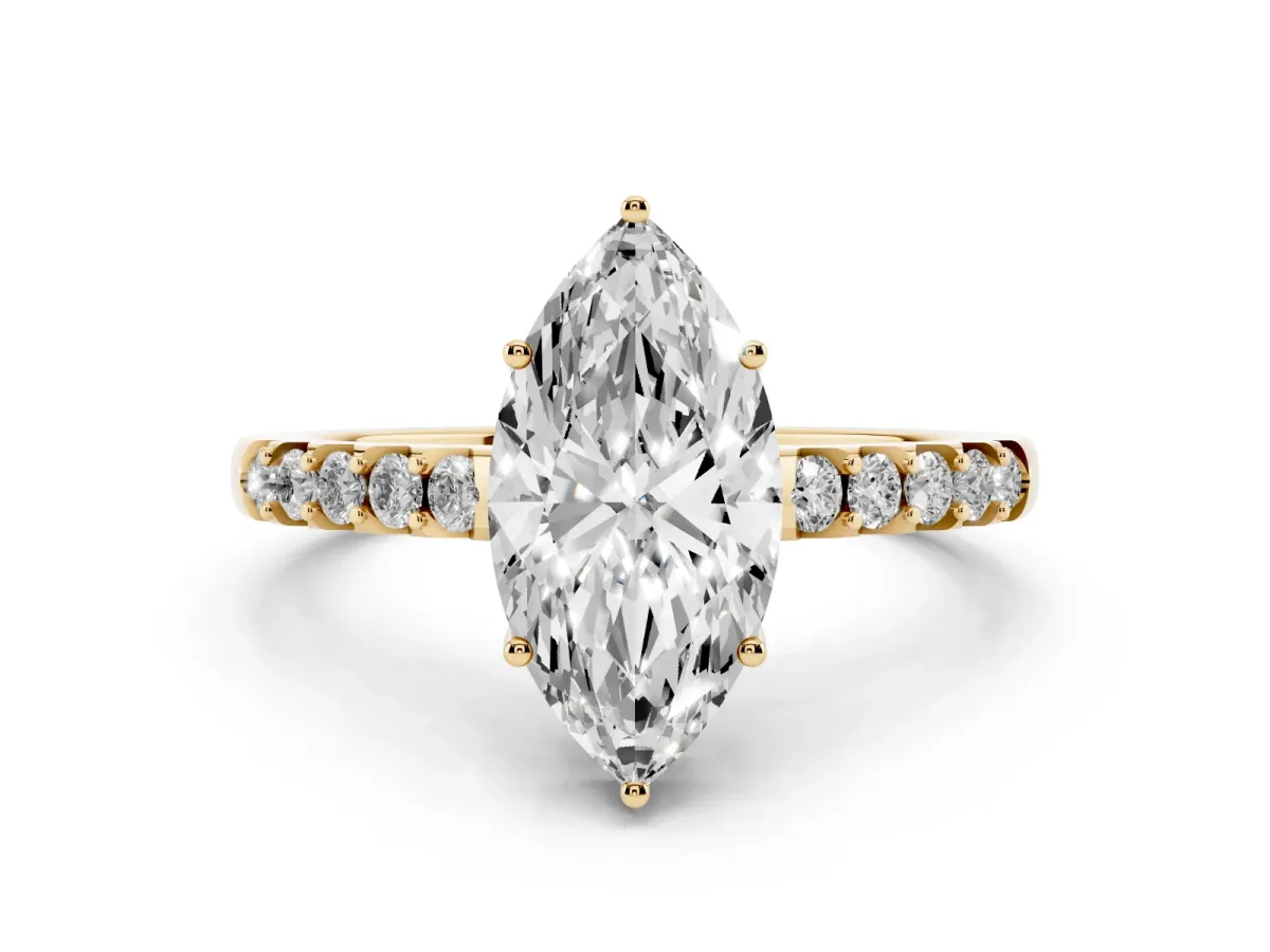 Marquise Cut Diamond Solitaire Engagement Ring Set in Yellow gold with Pavé Band and Prong Setting
