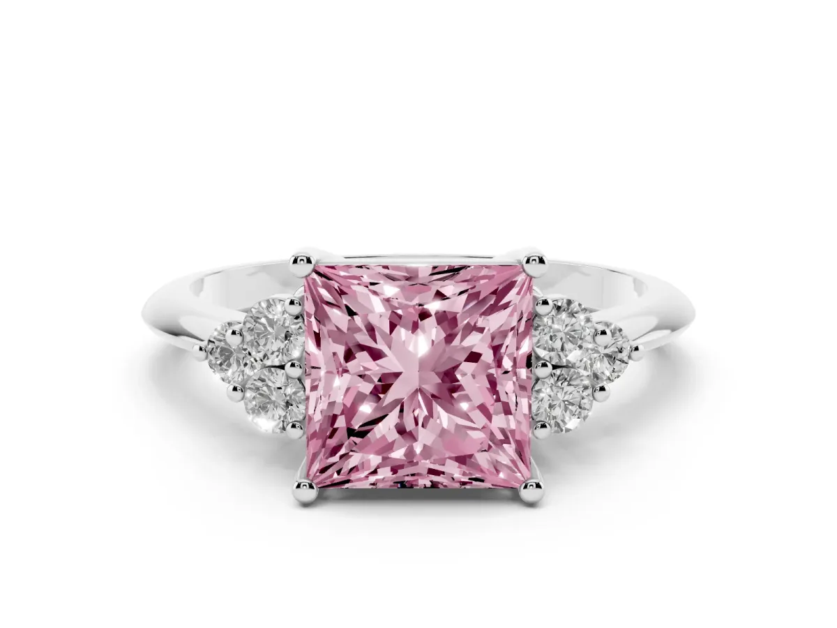 Fancy Pink Princess Cut Diamond Cluster Ring Set in Silver with Plain Band and Prong Setting