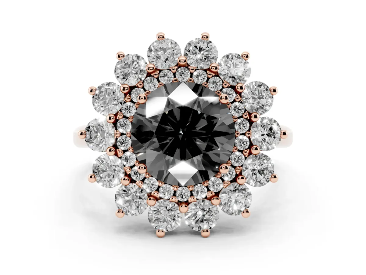 Fancy Black Round Cut Diamond Floral Double Halo Ring Set in Rose gold with Round Petals