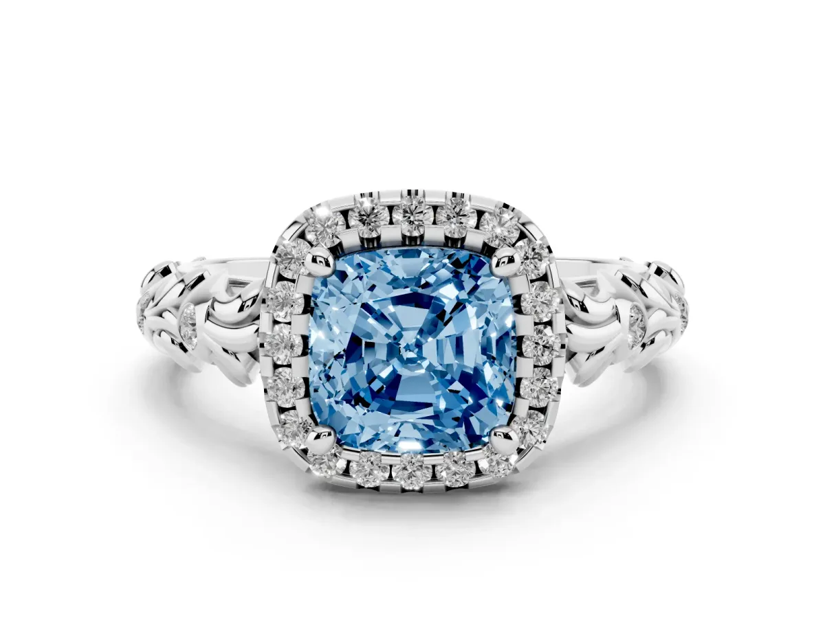 Fancy Blue Cushion Cut Diamond Halo Ring Set in Silver with Filigree Leaf Band and Prong Setting