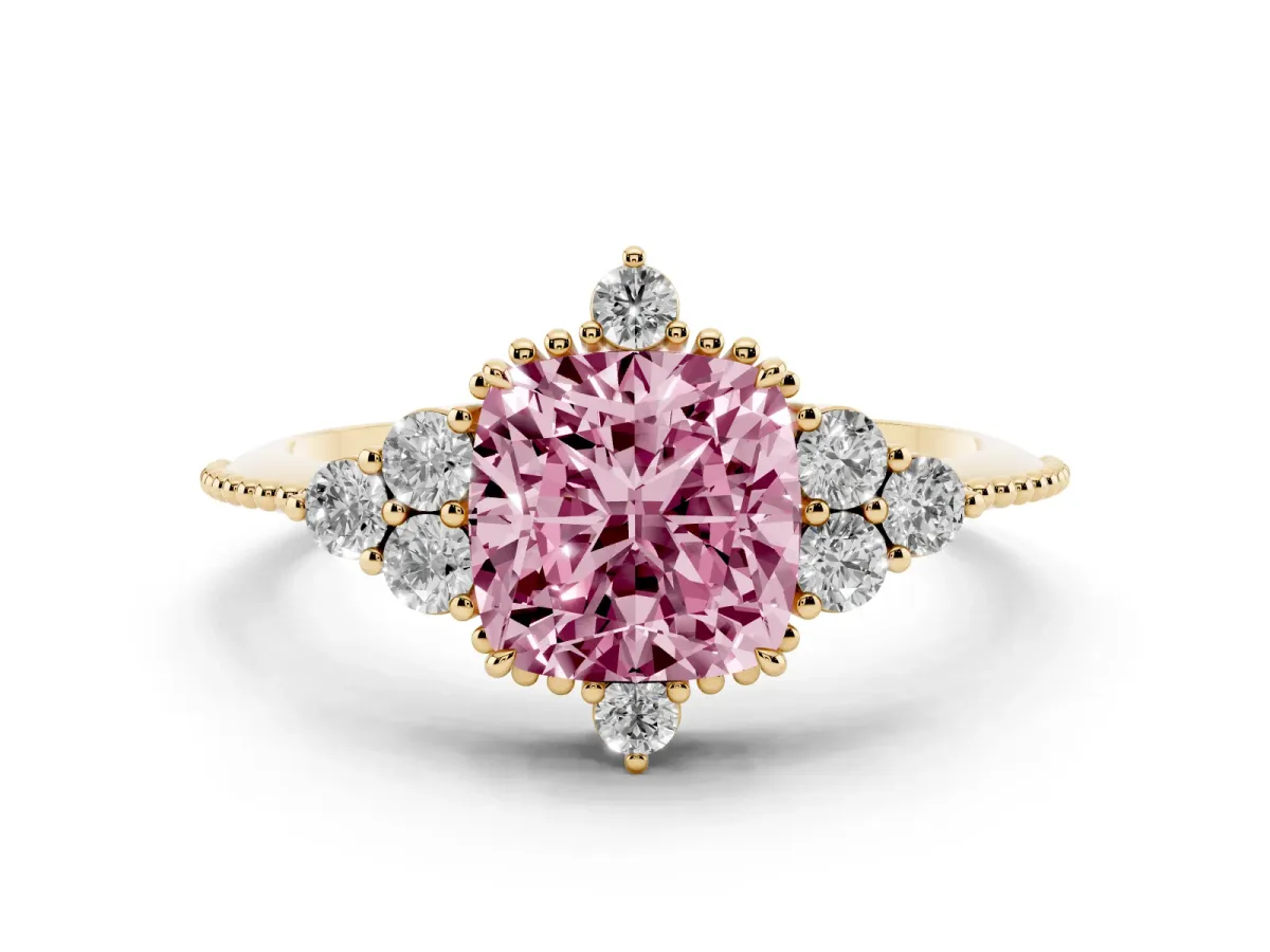 Fancy Pink Cushion Cut Diamond Cluster Ring Set in Yellow gold with Beaded Band