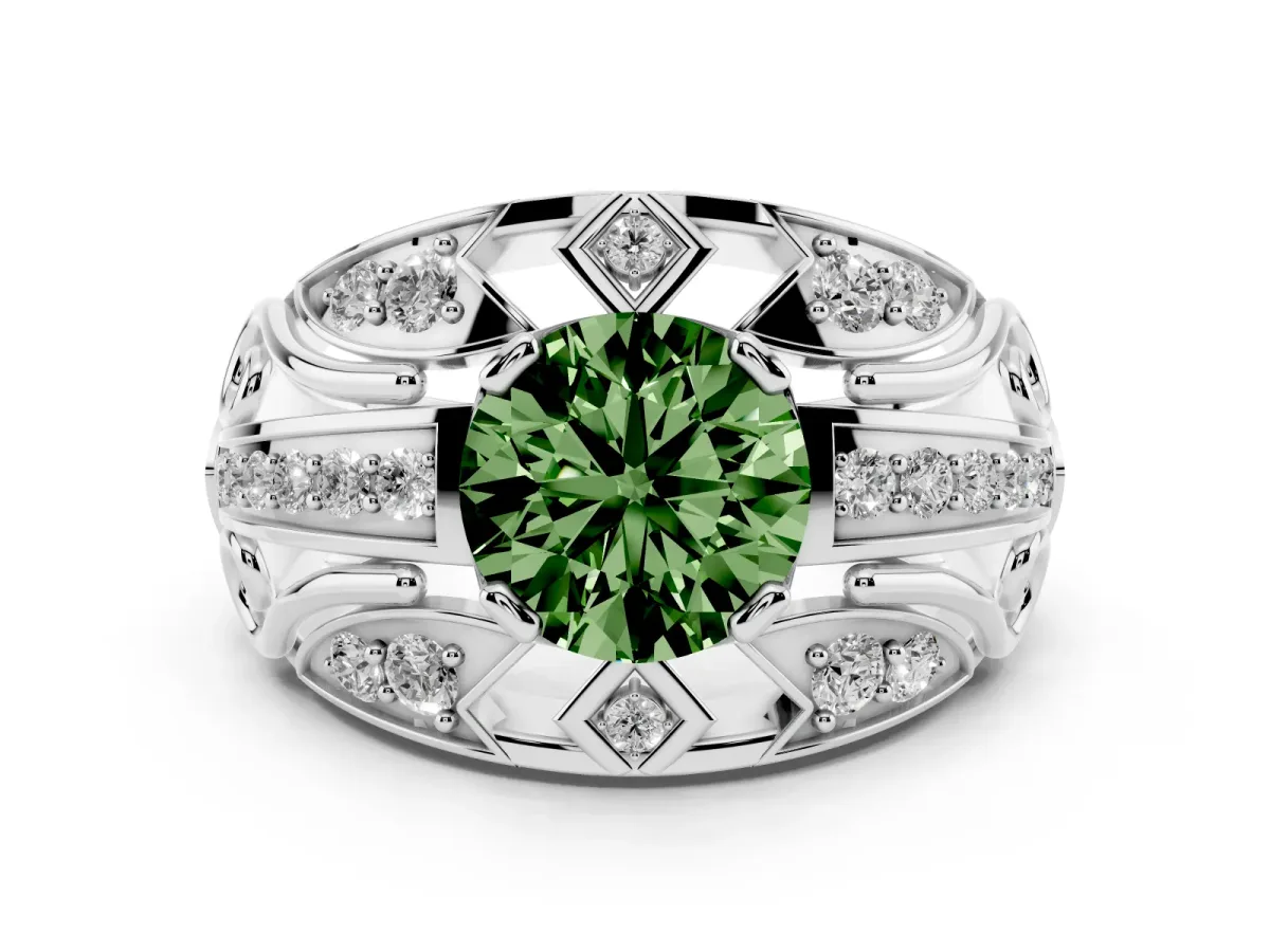 Fancy Green Round Cut Diamond Art Deco Ring Set in Silver with Pavé Split Shank