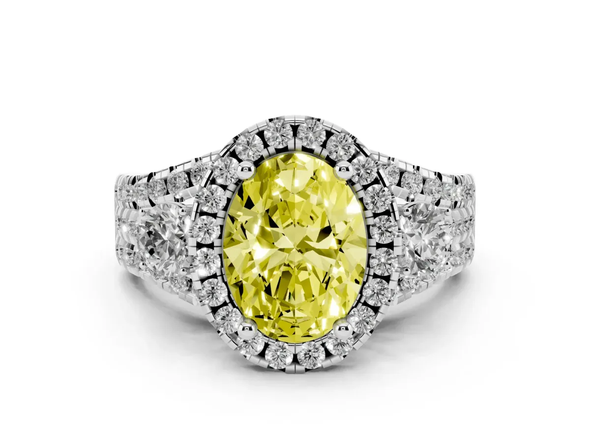 Fancy Yellow Oval Cut Diamond Halo Split Shank Ring Set in Silver with Round Accent Stones and Prong Setting