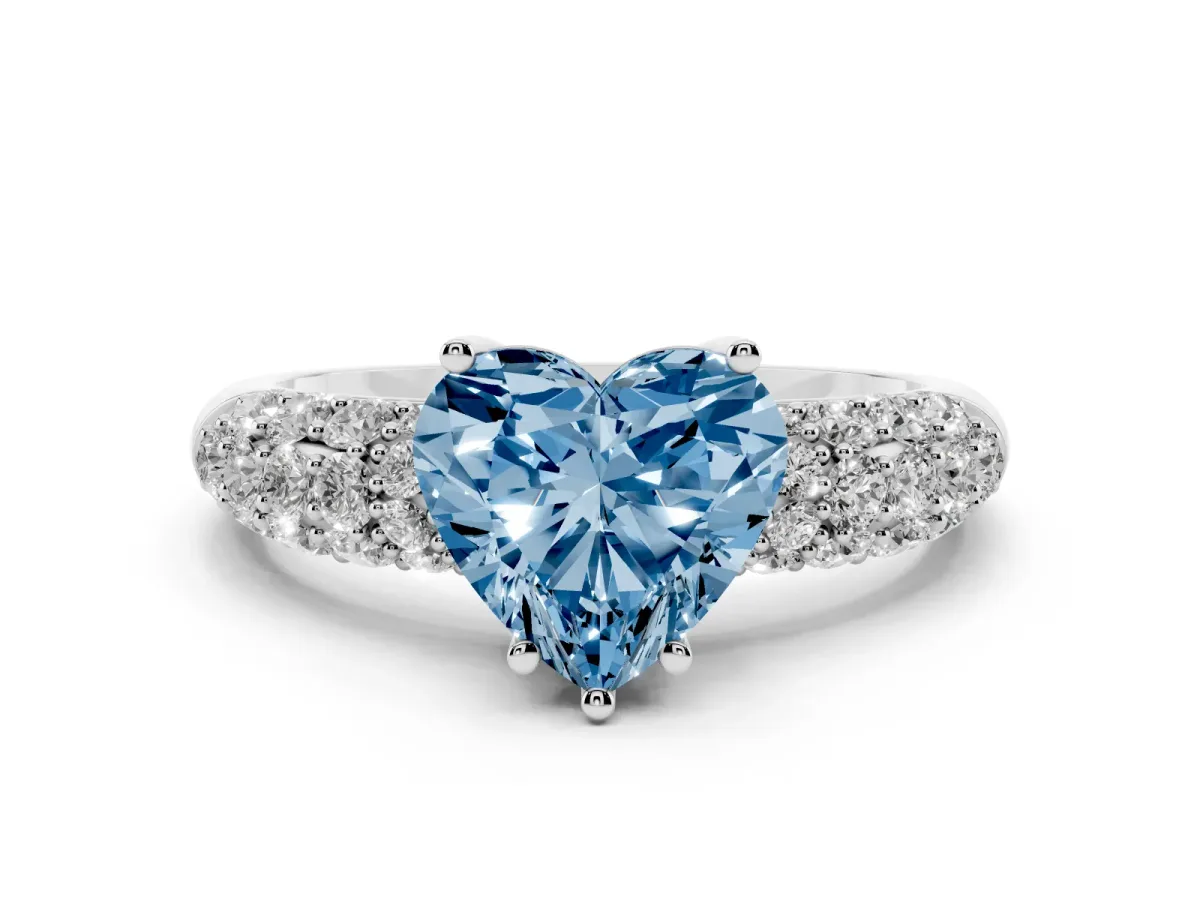 Fancy Blue Heart Cut Diamond Pavé Band Solitaire Ring Set in White gold with Close-Set Accent Stones and Prong Setting