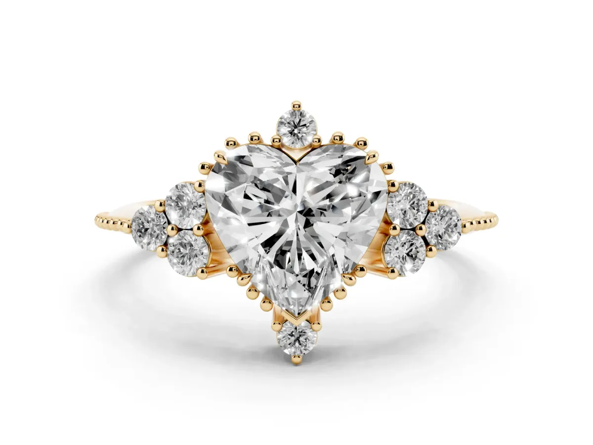 Heart Cut Diamond Cluster Ring Set in Yellow gold with Beaded Band
