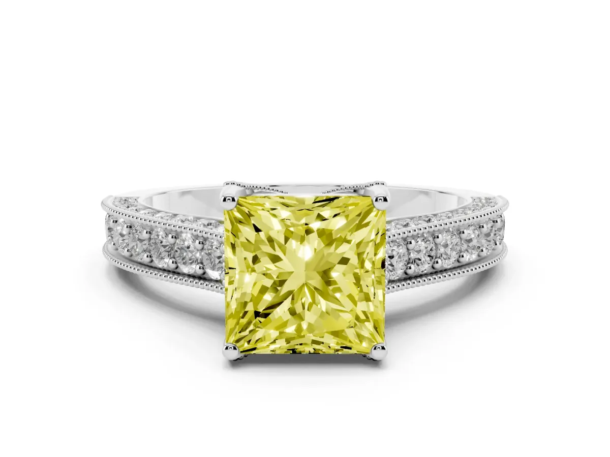 Fancy Yellow Princess Cut Diamond Solitaire Ring Set in White gold with Milgrain-Edged Pavé Band and Prong Setting