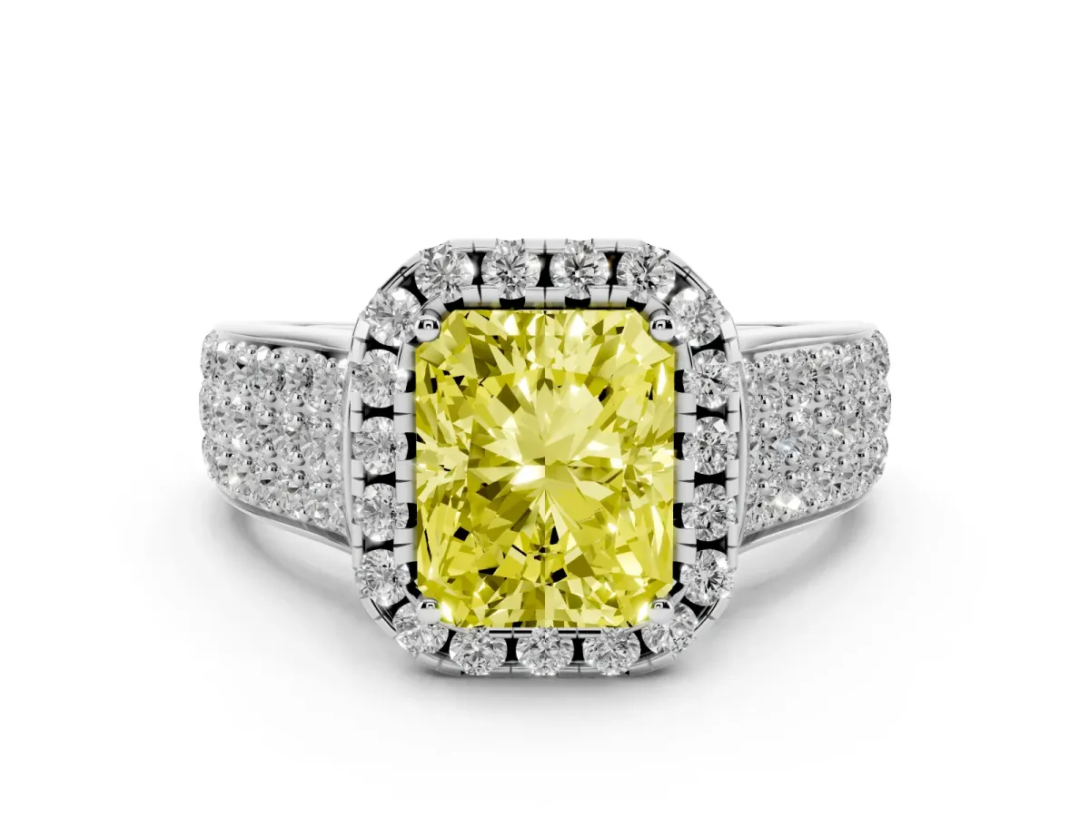 Fancy Yellow Radiant Cut Diamond Halo Ring Set in Silver with Pavé Band and Raised Center Setting
