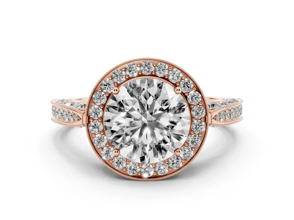 Round Cut Diamond Halo Engagement Ring Set in Rose gold with Accent Split Shank Band