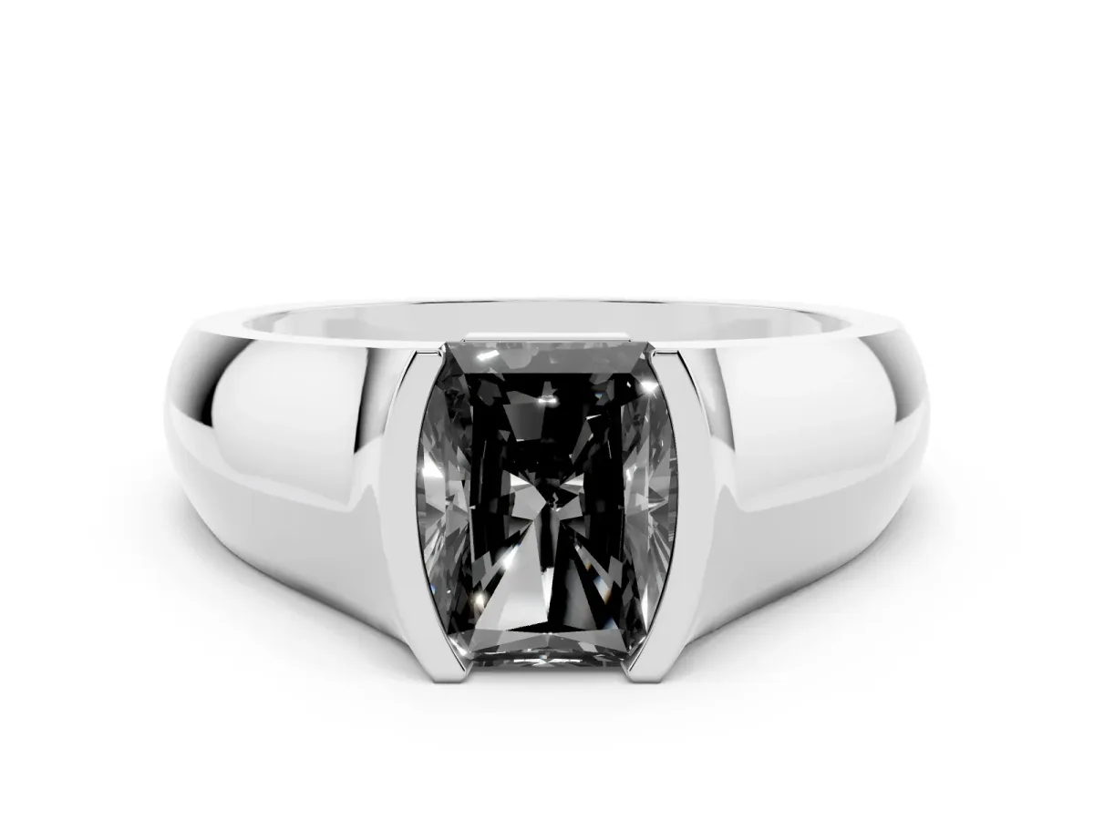 Fancy Black Radiant Cut Diamond Bezel Solitaire Ring Set in Silver with Wide Band