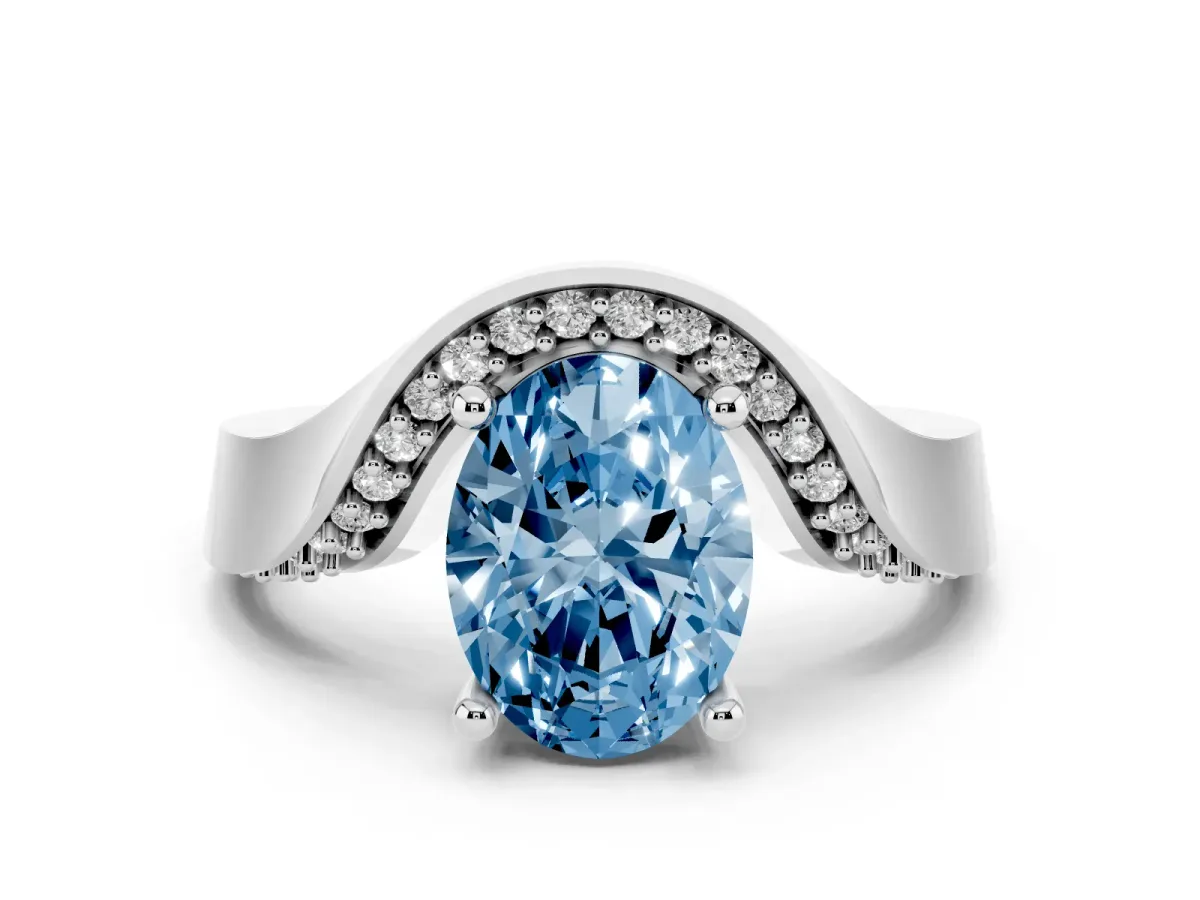 Fancy Blue Oval Cut Diamond Solitaire Engagement Ring Set in Platinum with Pavé Shoulders