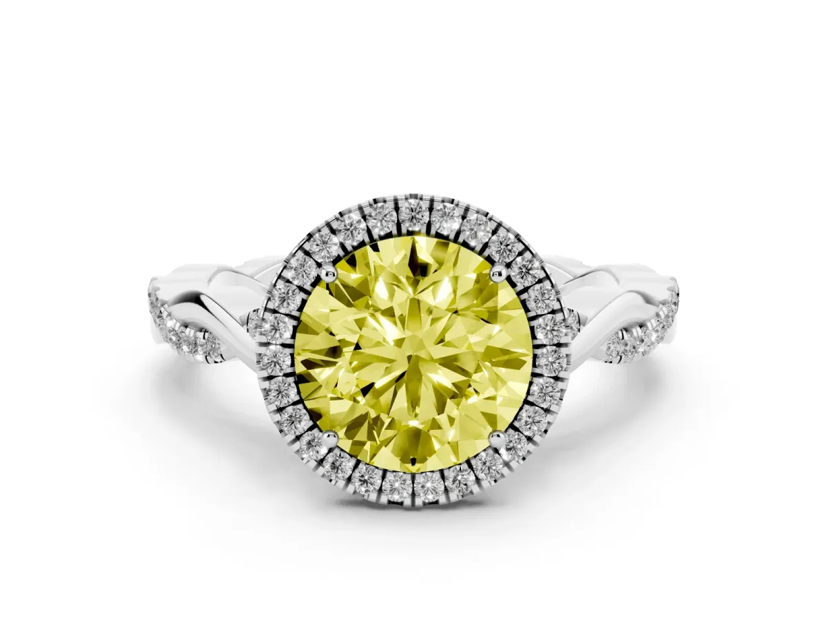 Fancy Yellow Round Cut Diamond Halo Twist Band Solitaire Ring Set in Silver with Prong Setting