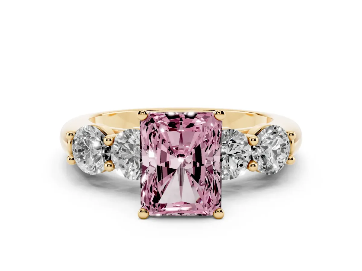 Fancy Pink Radiant Cut Diamond Five-Stone Prong Set Ring Set in Yellow gold with Classic Band