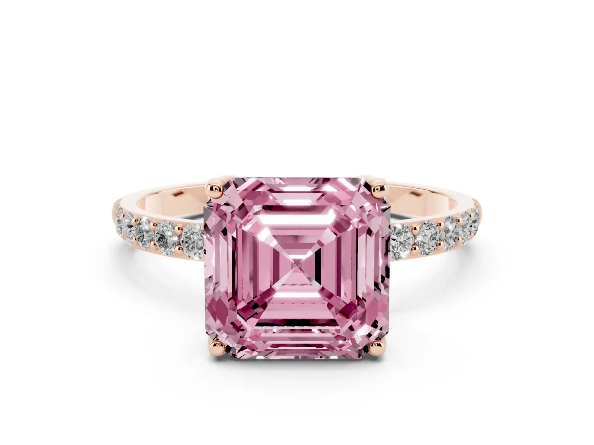 Fancy Pink Asscher Cut Diamond Solitaire Engagement Ring Set in Rose gold with Round Pavé Band and Prong Setting