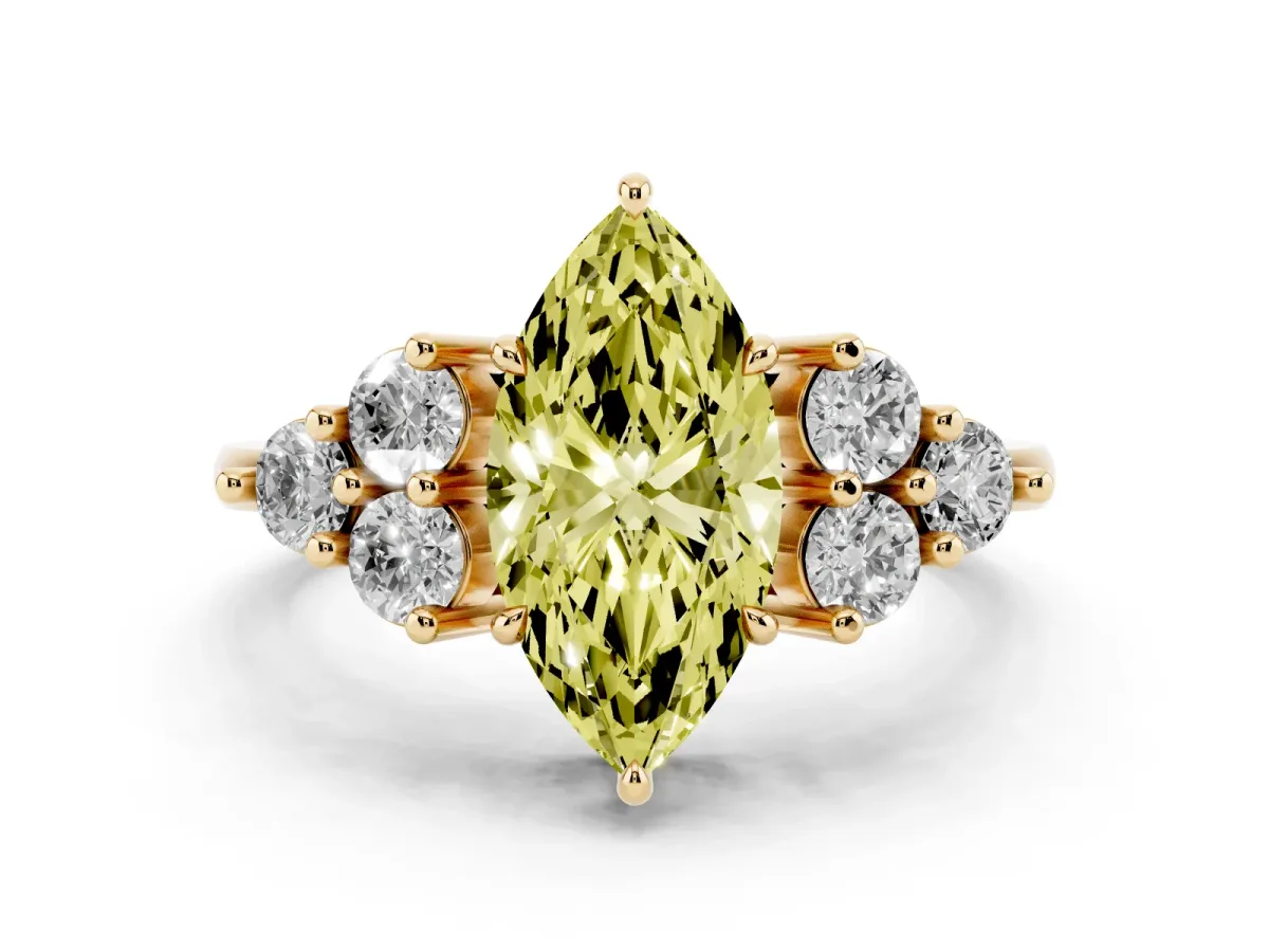 Fancy Yellow Marquise Cut Diamond Solitaire Ring Set in Yellow gold with Cluster Accents on Each Side