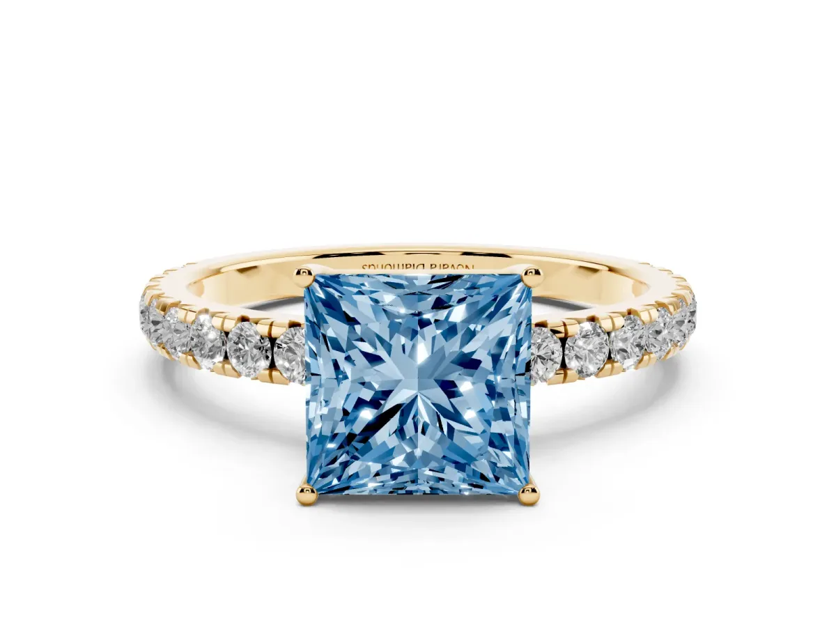 Fancy Blue Princess Cut Diamond Pavé Solitaire Engagement Ring Set in Yellow gold with Prong Setting