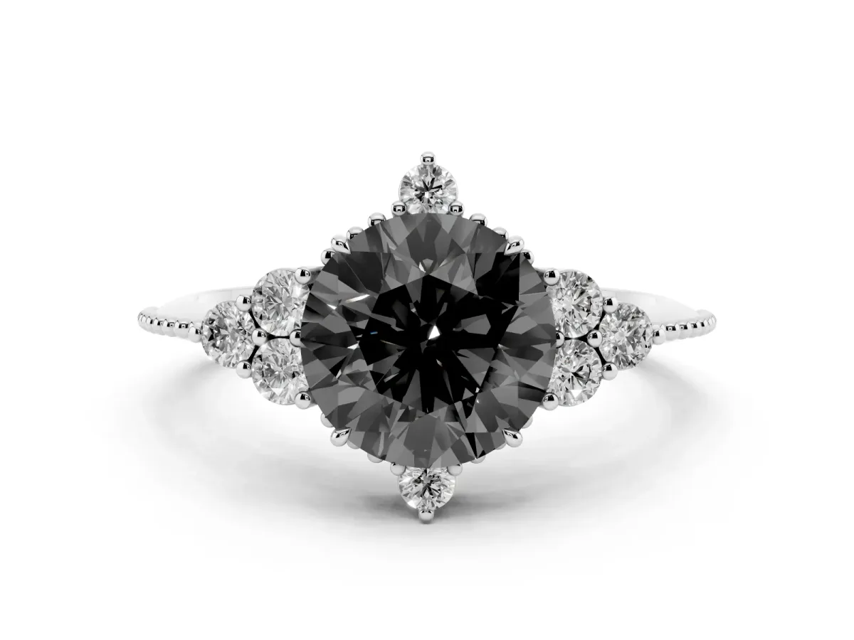 Fancy Black Round Cut Diamond Cluster Ring Set in Platinum with Beaded Band