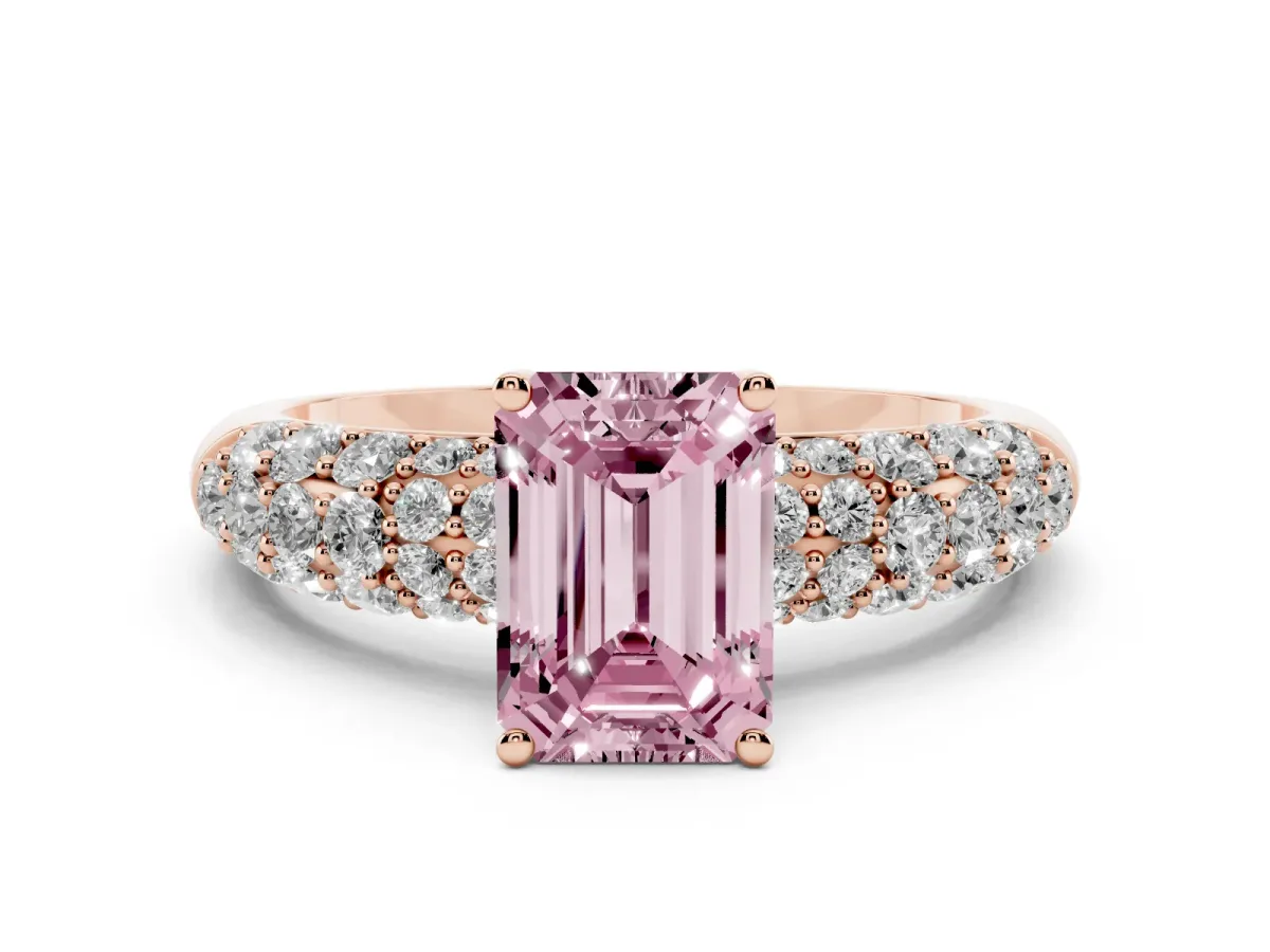 Fancy Pink Emerald Cut Diamond Pavé Band Solitaire Ring Set in Rose gold with Close-Set Accent Stones and Prong Setting