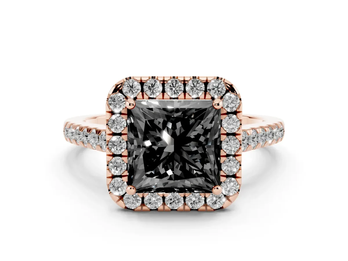 Fancy Black Princess Cut Diamond Halo Pavé Engagement Ring Set in Rose gold with Prong Setting
