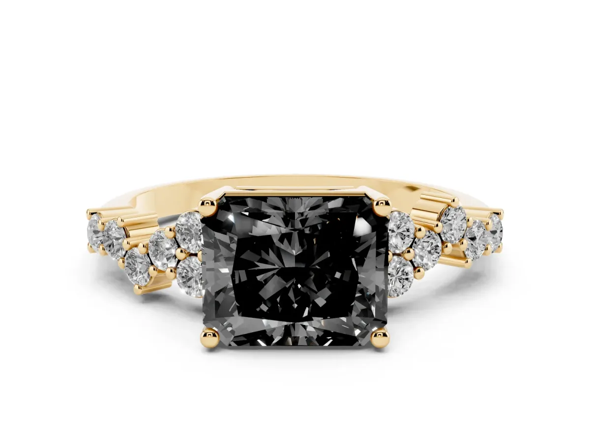 Fancy Black Radiant Cut Diamond Ring Set in Yellow gold with Scattered Round Accents