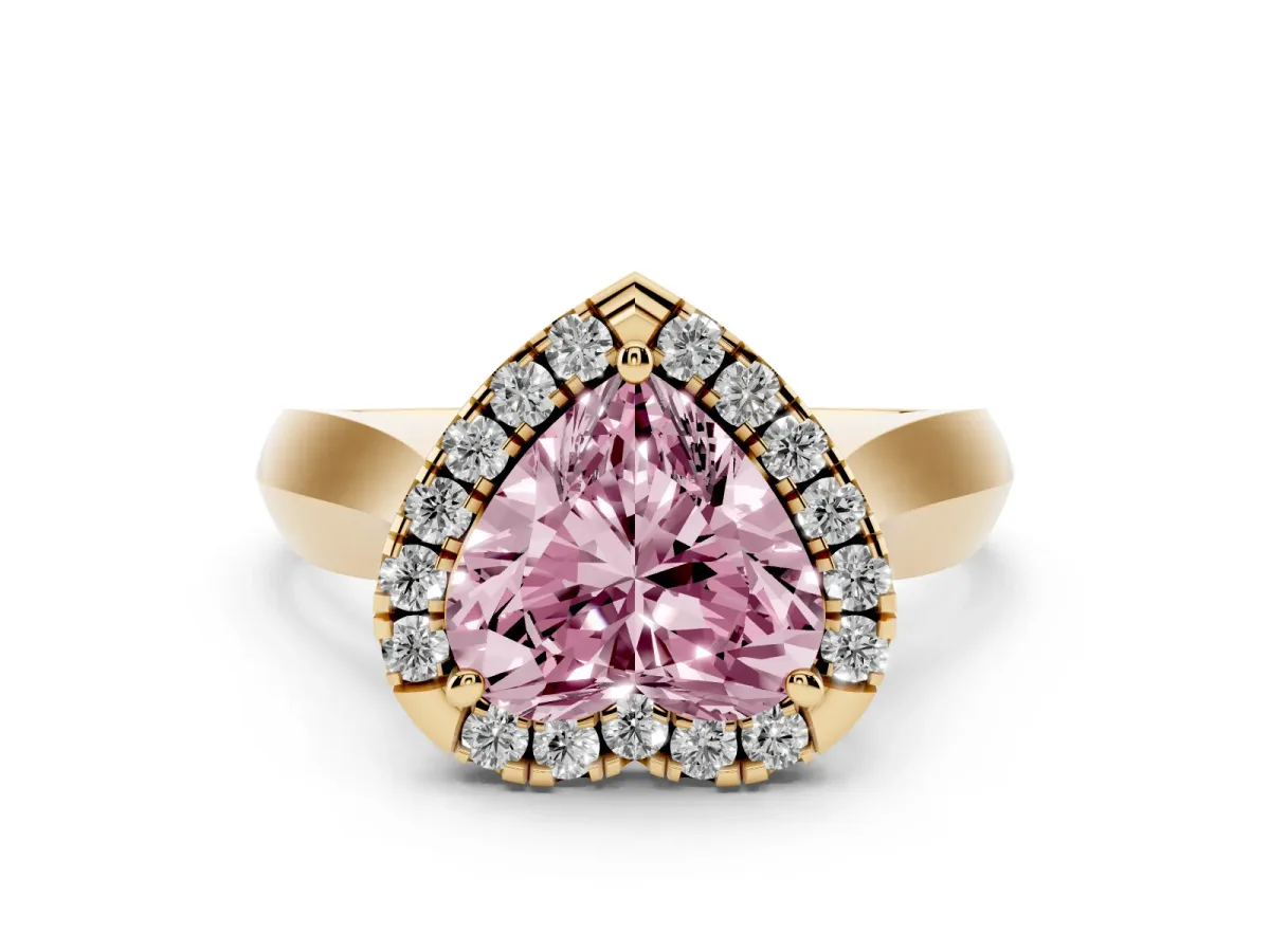 Fancy Pink Heart Cut Diamond Halo Solitaire Engagement Ring Set in Yellow gold with Square Band and Prong Setting