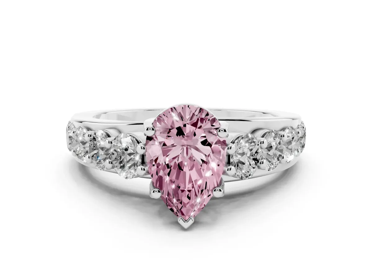 Fancy Pink Pear Cut Diamond Pavé Engagement Ring Set in Platinum with Prong Setting