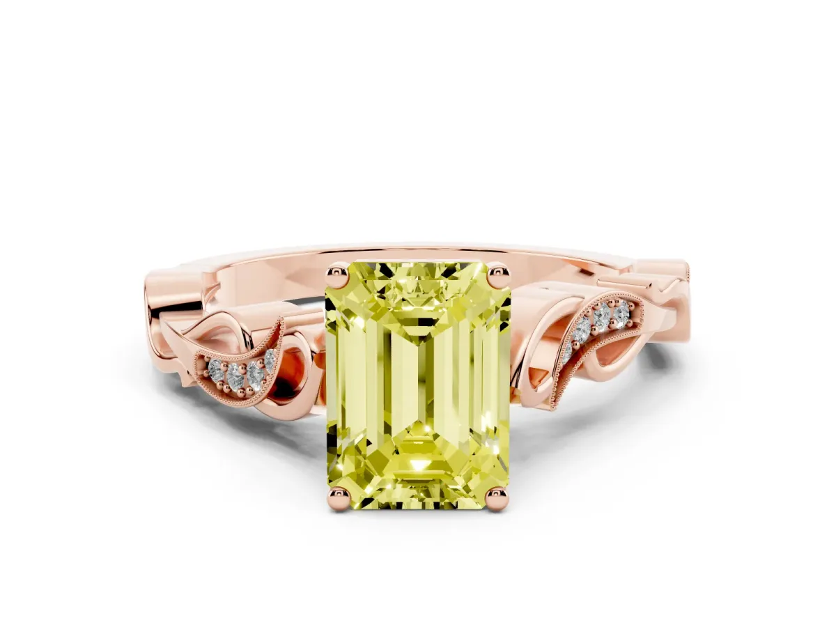 Fancy Yellow Emerald Cut Diamond Vine Band Solitaire Ring Set in Rose gold with Milgrain Prong Setting