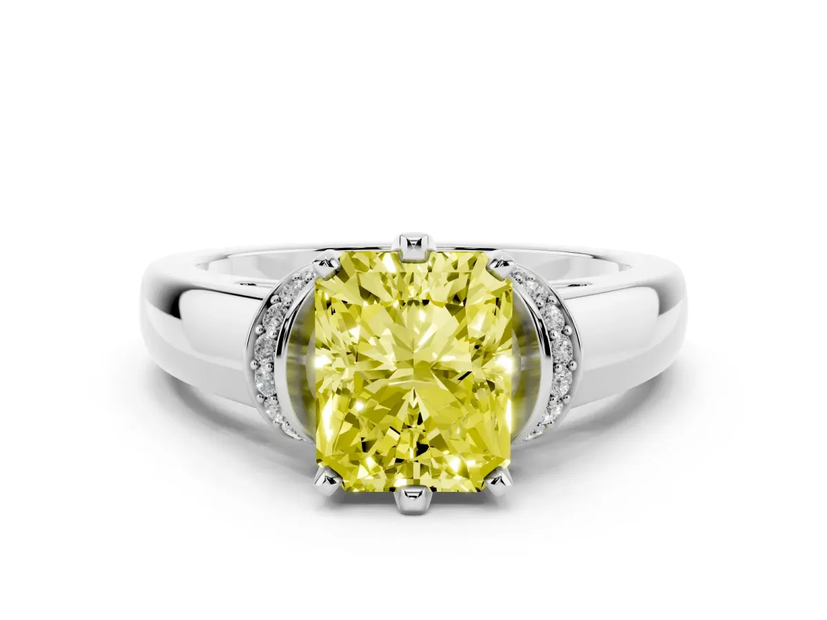 Fancy Yellow Radiant Cut Diamond Pavé Band Solitaire Ring Set in White gold with Prong Setting