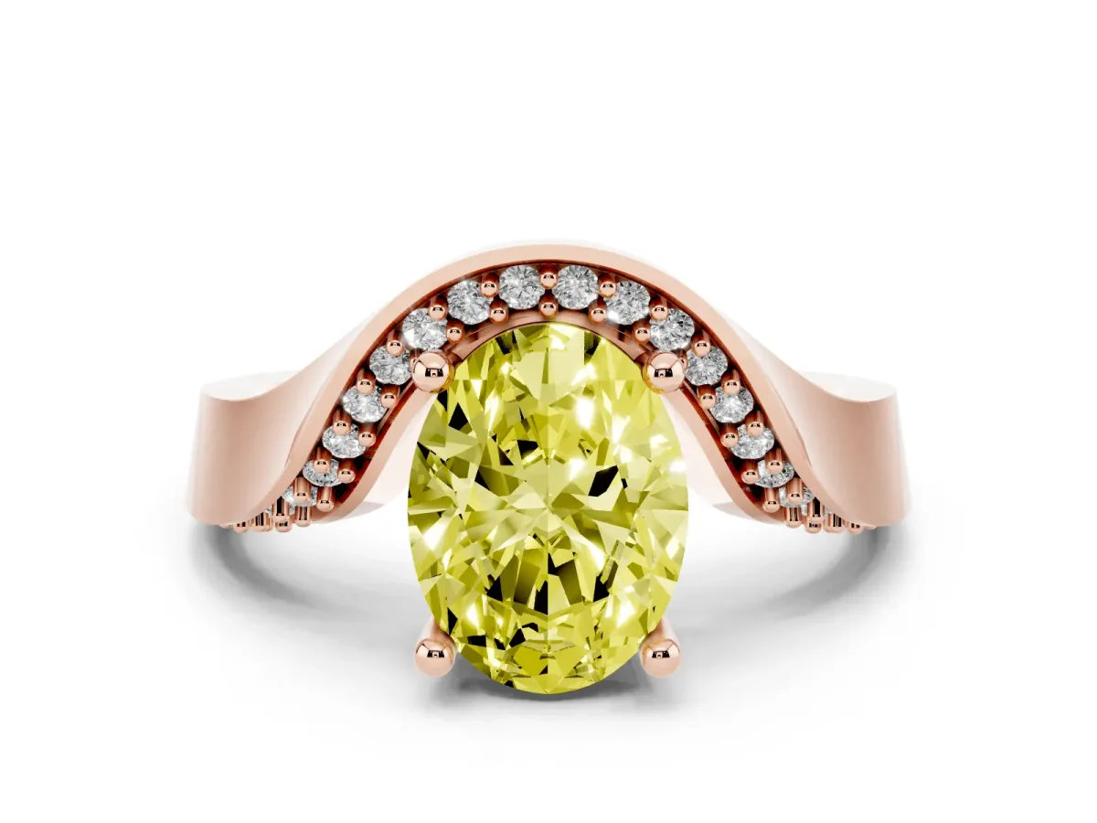 Fancy Yellow Oval Cut Diamond Solitaire Engagement Ring Set in Rose gold with Pavé Shoulders