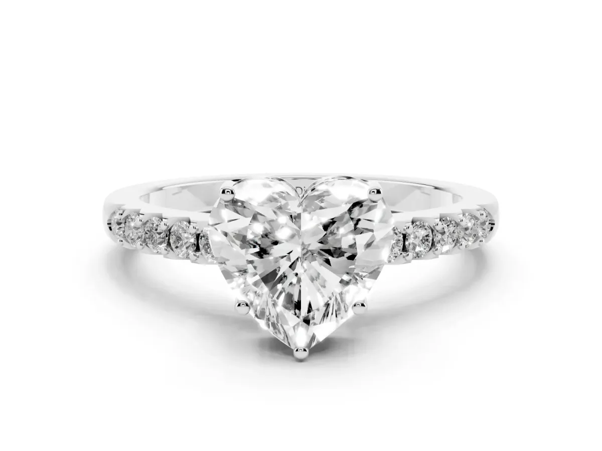 Heart Cut Diamond Solitaire Engagement Ring Set in Silver with Pavé Band and Prong Setting