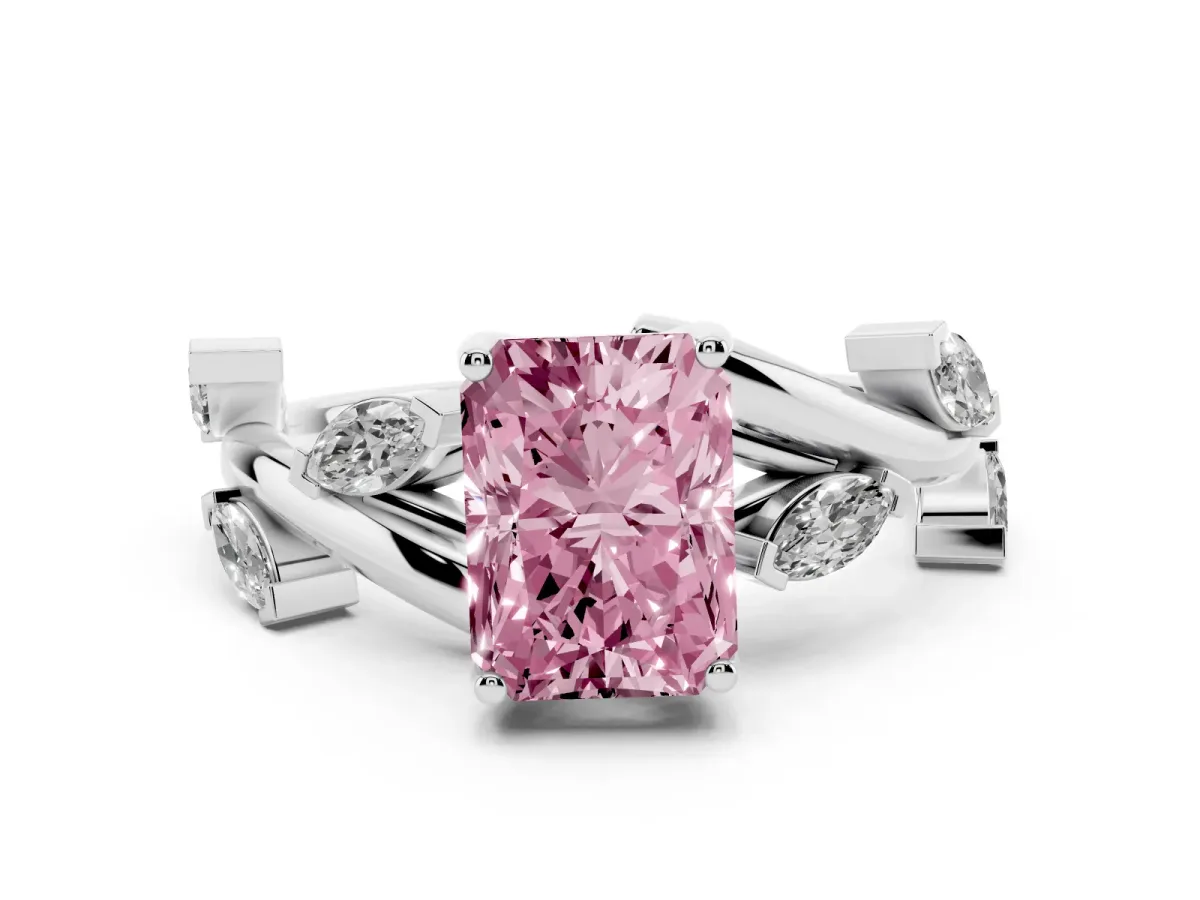 Fancy Pink Radiant Cut Diamond Solitaire Ring Set in White gold with Twisted Marquise Accent Band