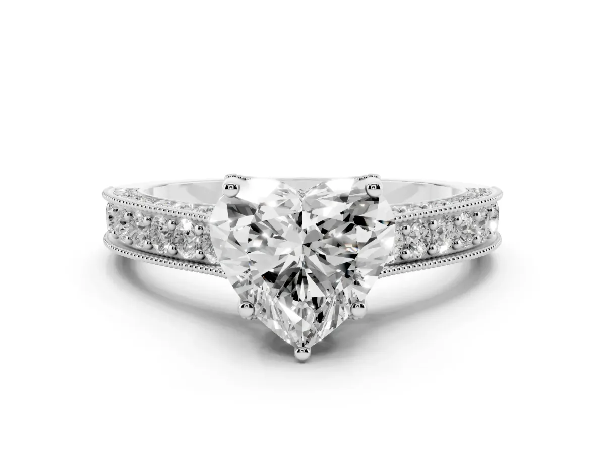 Heart Cut Diamond Solitaire Ring Set in White gold with Milgrain-Edged Pavé Band and Prong Setting