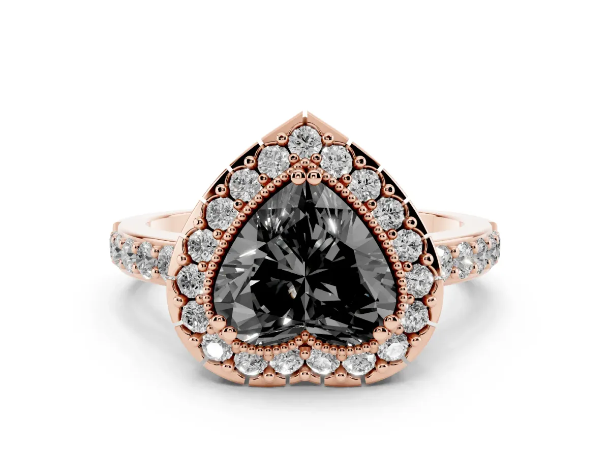 Fancy Black Heart Cut Diamond Halo Ring Set in Rose gold with Pavé Shank and Prong Setting