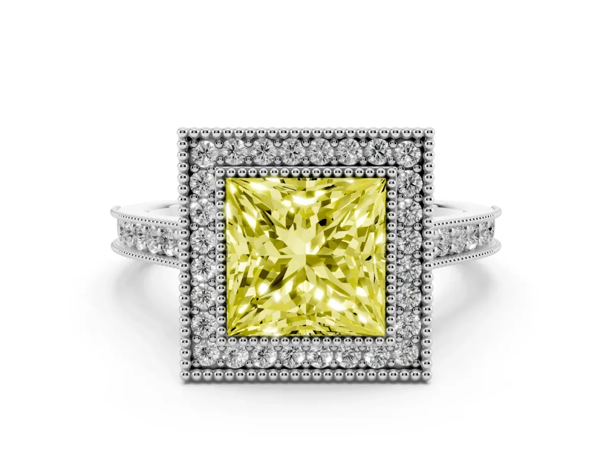 Fancy Yellow Princess Cut Diamond Halo Milgrain Pavé Band Ring Set in White gold with Prong Setting